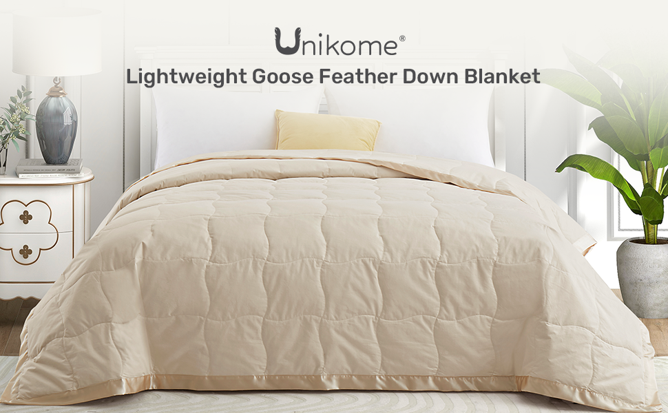 UNIKOME Lightweight Goose Feather Down Blanket with Satin