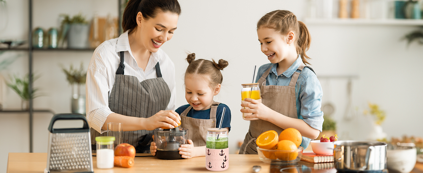 Ruckace 16 OZ Glass Cups with Bamboo Lids and Straws 2 Pack