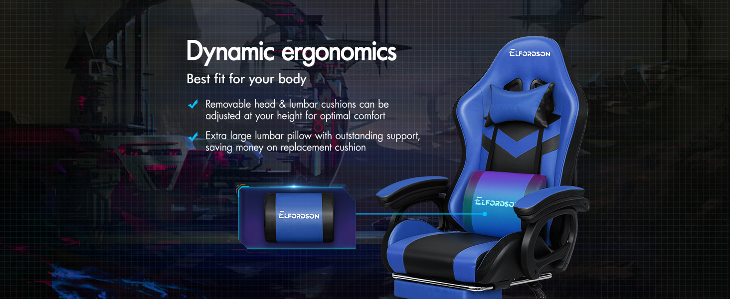 ELFORDSON Gaming Chair With RGB LED Light 8-Point Massage, Blue & Black 13 3-2