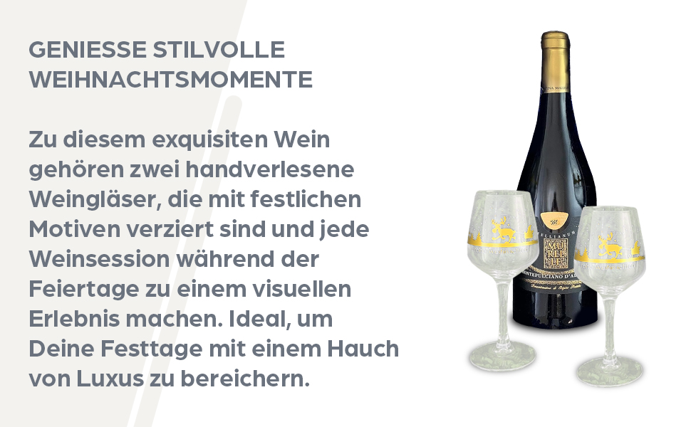 Weinflasche mit zwei dekorierten Gläsern. Der deutsche Text beschreibt stilvolle Weihnachtsmomente mit erlesenem Wein und festlichen Gläsern.