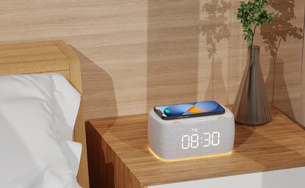EZVALO Alarm Clock with Wireless Charger,Multifunctional