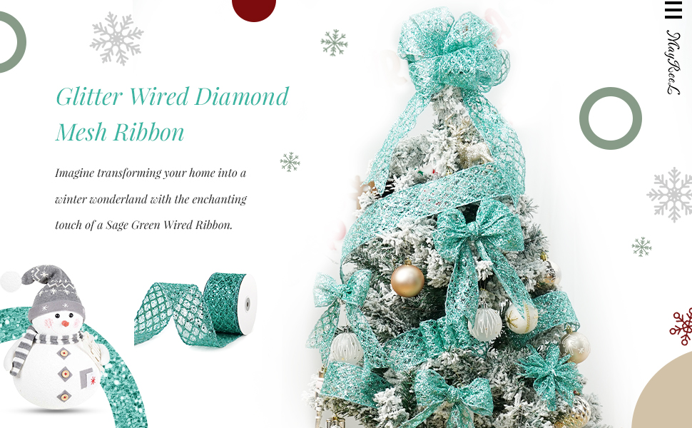 Mayreel Sage Green Glitter Diamond Mesh Wired Ribbon 2.5