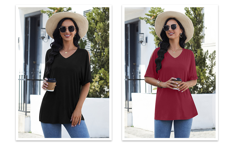 DouBCQ Womens Plus Size Blouse Deep V Neck Tshirt Loose Cold Shoulder