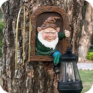 Fairy Garden Statues Gnomes Solar Lantern - Whimsical Elf Out The Door Tree Hugger Figurines Fence Wall Yard Art Home Decor Outdoor Tree Face Sculpture, Ideal Halloween Decorations 12 gnomes