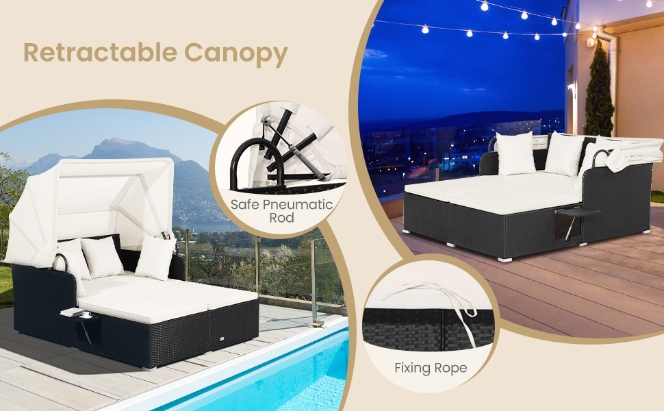 Outdoor Rattan Daybed W/Retractable Canopy