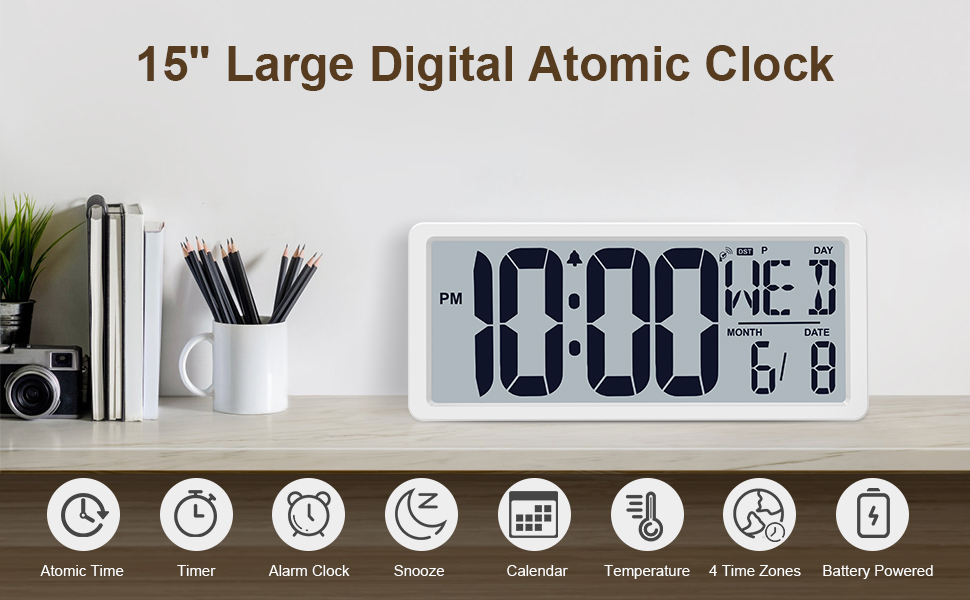 15 Inch Atomic Clock Digital with Auto Time Adjustment, Large Digital Wall Clock