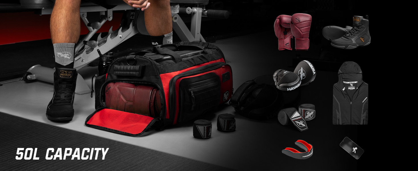 Image of a gym bag, gloves, and other items that will fit in it