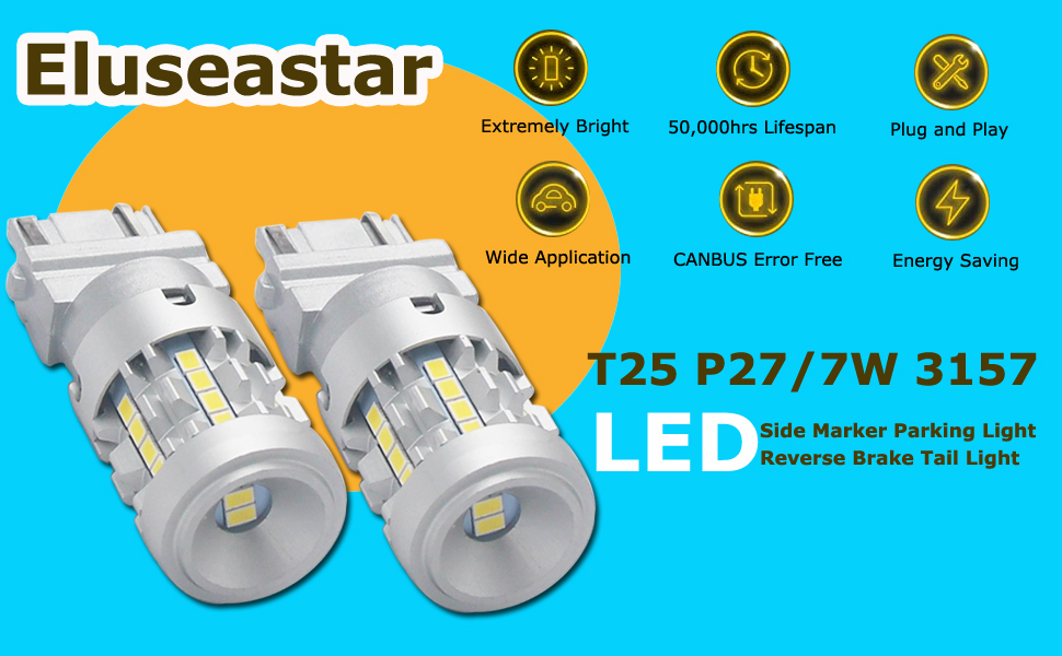 Eluseastar T25 P27/7W 3157 LED Bulbs White 6000K Built in
