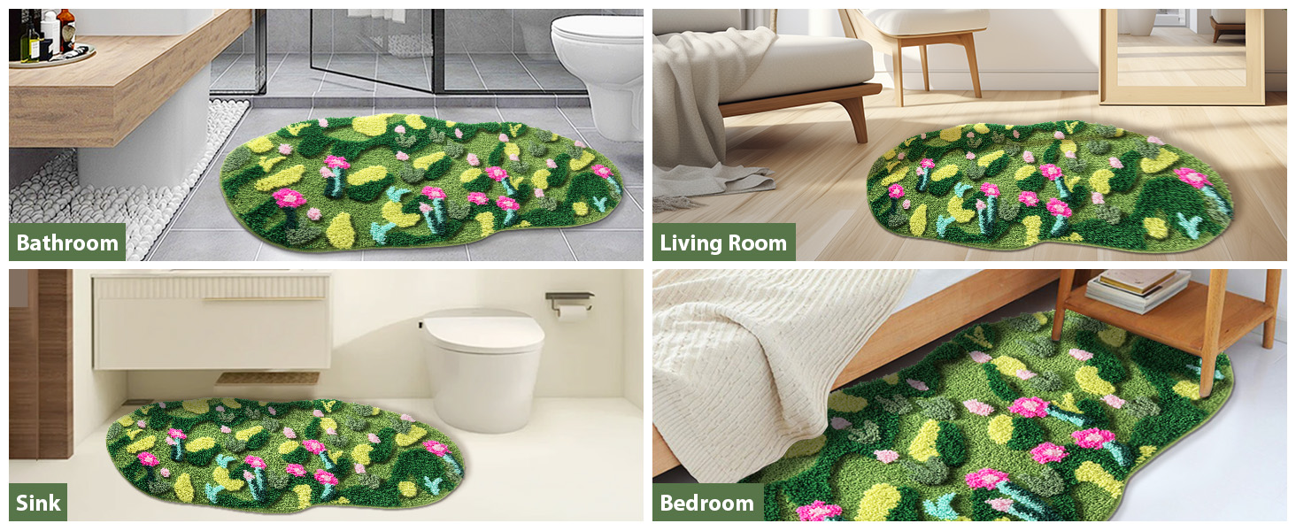 Green Moss Bathroom Flower Rug Bath Mat Non Slip Soft Absorbent Boho Bath Rugs Bathroom Floor Shower