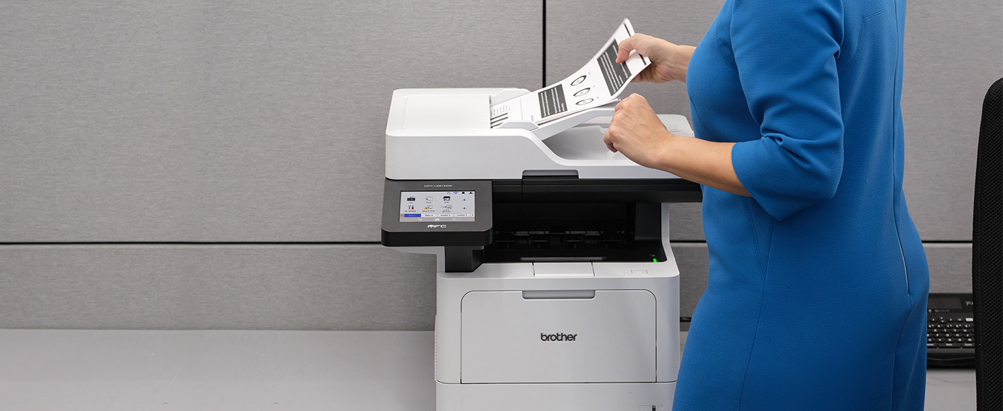 Multi-page report in Brother MFC-L5915DW printer's auto document feed for scanning, copying, faxing