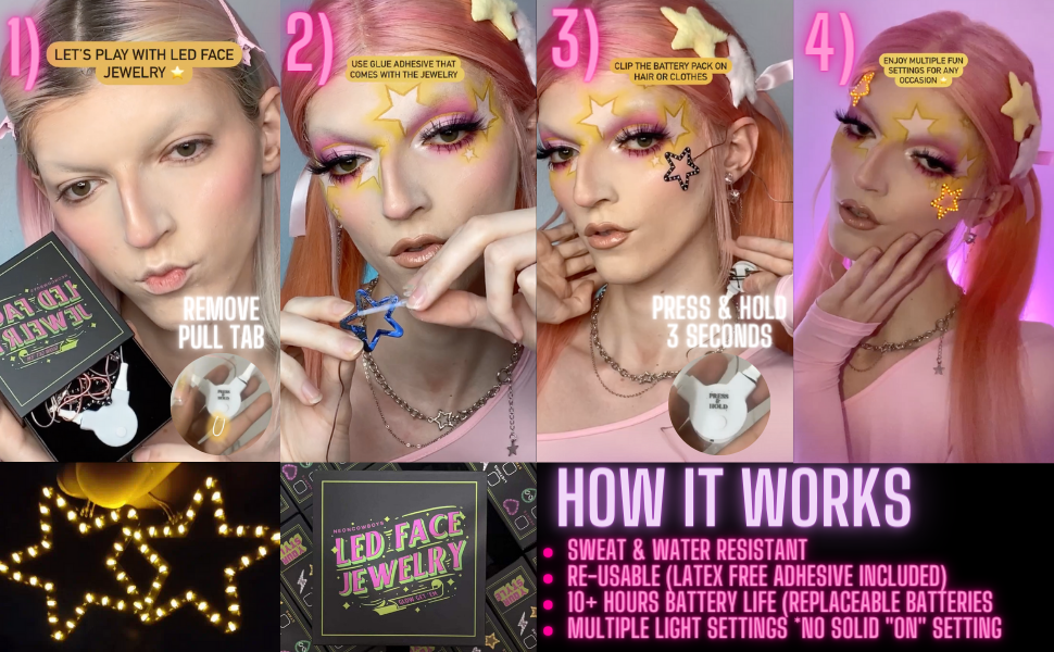 Neon Cowboys light up face jewelry LED sticker gems makeup