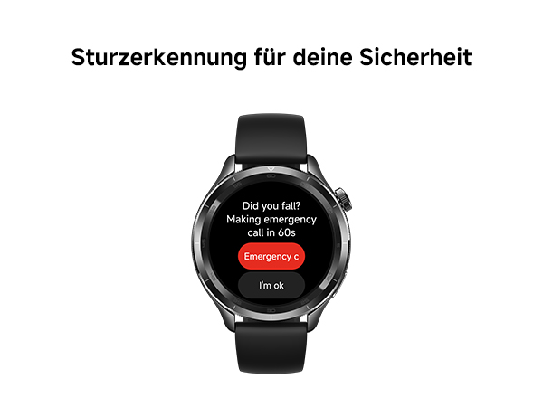 Der Text lautet „Sturzerkennung für deine Sicherheit“ auf einem schwarzen Smartwatch-Display mit kreisförmigem Zifferblatt und dunklem Band.