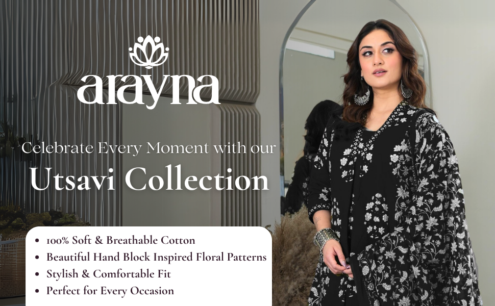 Arayna Women's Pure Cotton Block Printed Ethnic Wear Kurta Set with Palazzo Pants & Dupatta