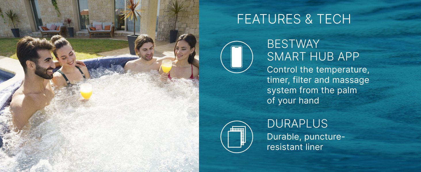 A group of four people enjoying a bubble-filled inflatable hot tub, each holding a drink.