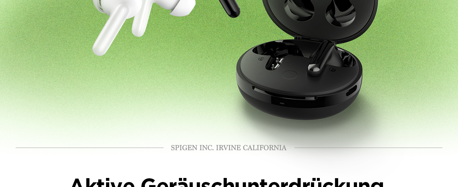 Der Text lautet: «Aktive Geräuschunterdrückung». Teilansicht der schwarzen Komponente eines elektronischen Geräts.