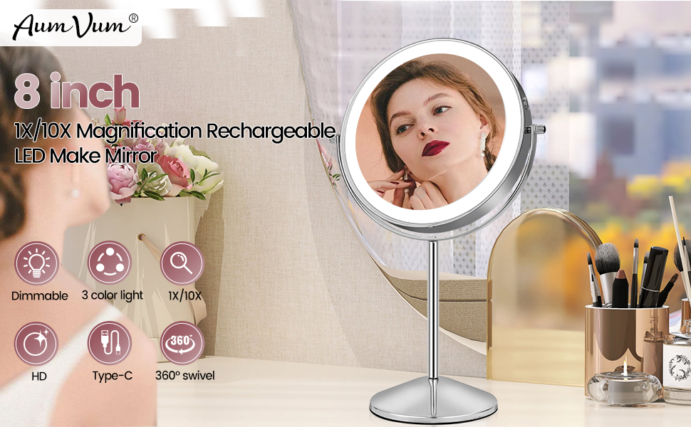 8" 1X/10X Magnification Rechargeable LED Make Mirror