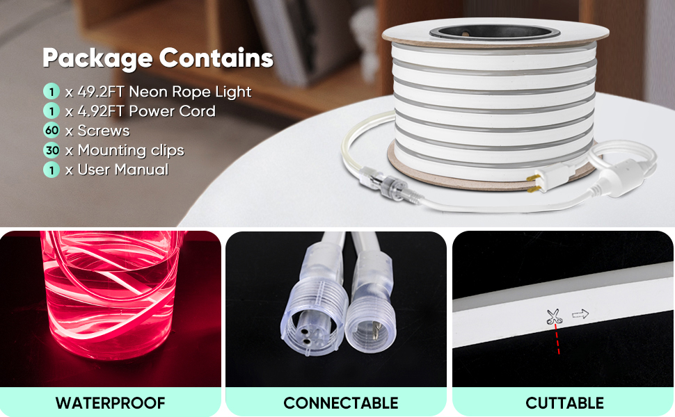 GZBtech Flexible LED Neon Rope Lights 50FT, AC 110120V Waterproof Neon Strip Light, 120 LEDs/M