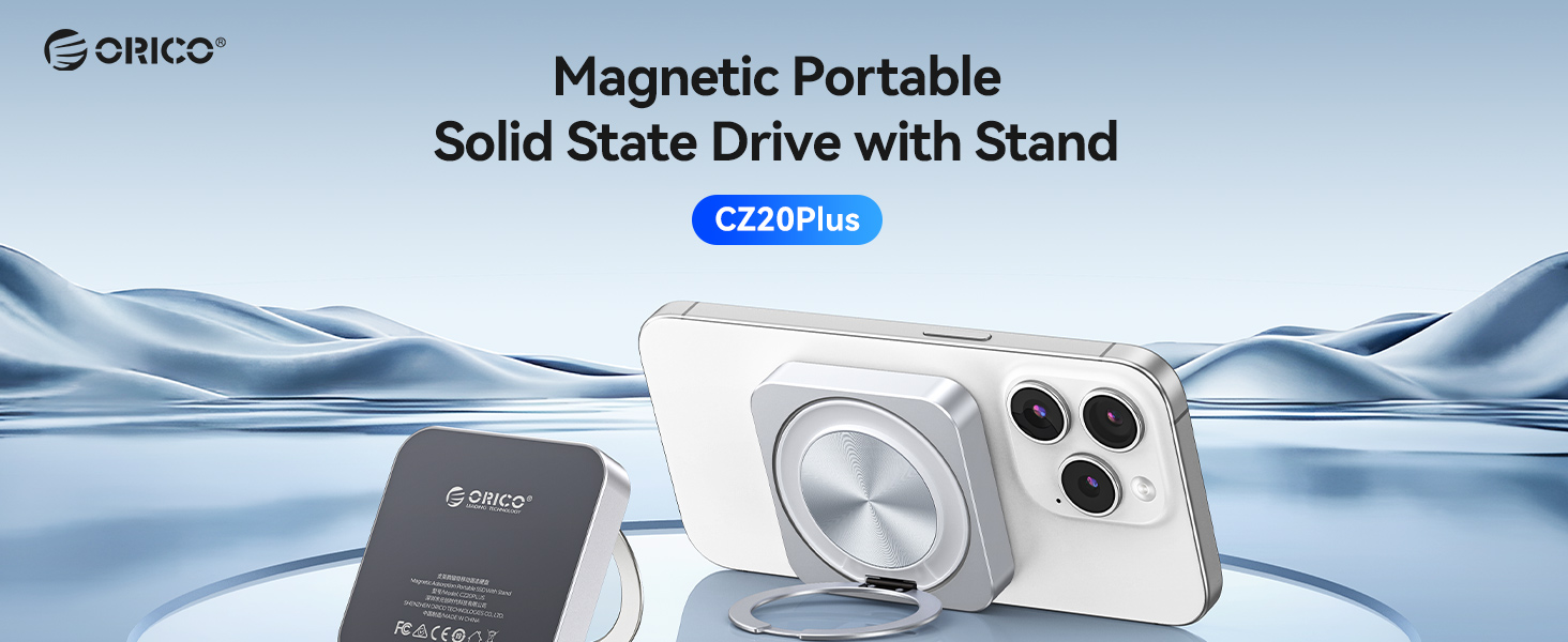 Text reads 'ORICO Magnetic Portable Solid State Drive with Stand'. Product photo shows external SSD drive in gray next to smartphone with magnetic stand attachment against blue wavy background.