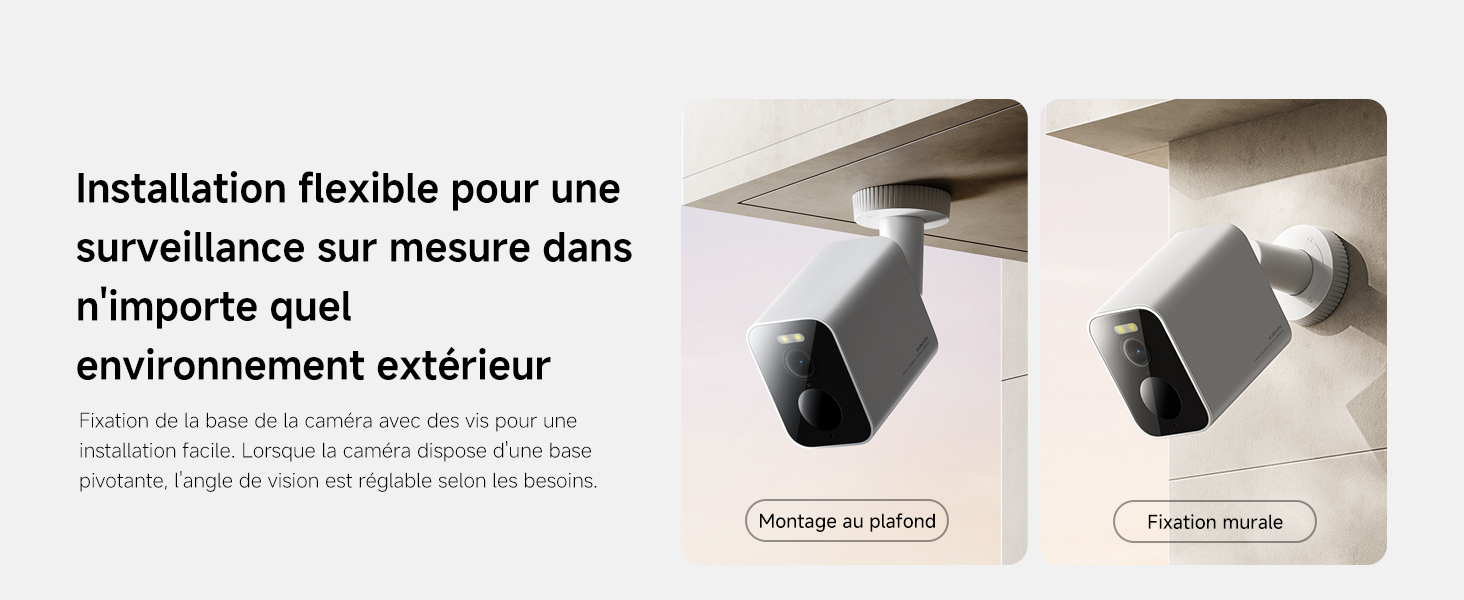 Le texte se lit comme suit : « Installation flexible pour une surveillance sur mesure dans n'importe quel environnement extérieur ». Plusieurs caméras de sécurité présentées dans différentes positions et angles de montage.