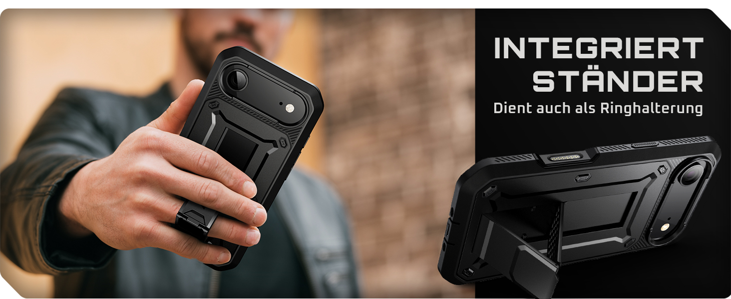 Der Text lautet "INTEGRIERT" και "STÄNDER". Professionell aussehendes Elektrowerkzeug oder Gerät, das im Freien aus verschiedenen Blickwinkeln dargestellt wird.