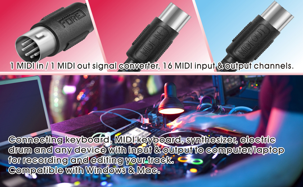 FORE MIDI to USB Interface MIDI Cable Adapter with Input&Output