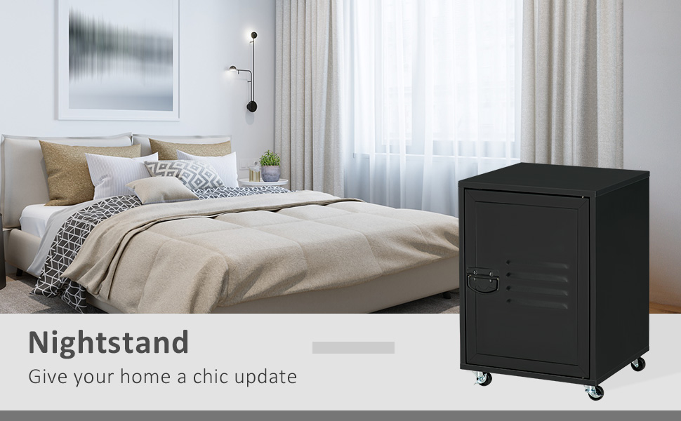 Industrial Bedside Table, Rolling End Side Table, Mobile Storage With Adjustable