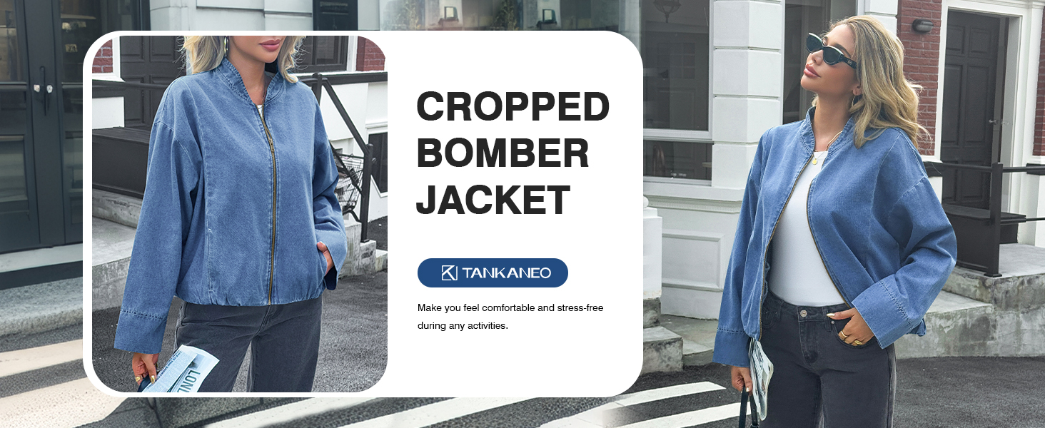 Denim Bomber Jacket Zip Up Cropped Lightweight Jean Jacket Fall Casual Outerwear with Pockets