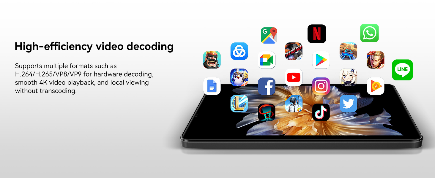 Text reads 'High efficiency video encoding'. Tablet device displaying various app icons floating above its screen, including social media, messaging, and gaming applications.