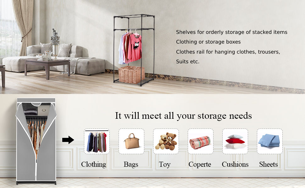 CASART Fabric Wardrobe, Portable Clothes Closet with Dustproof Cover