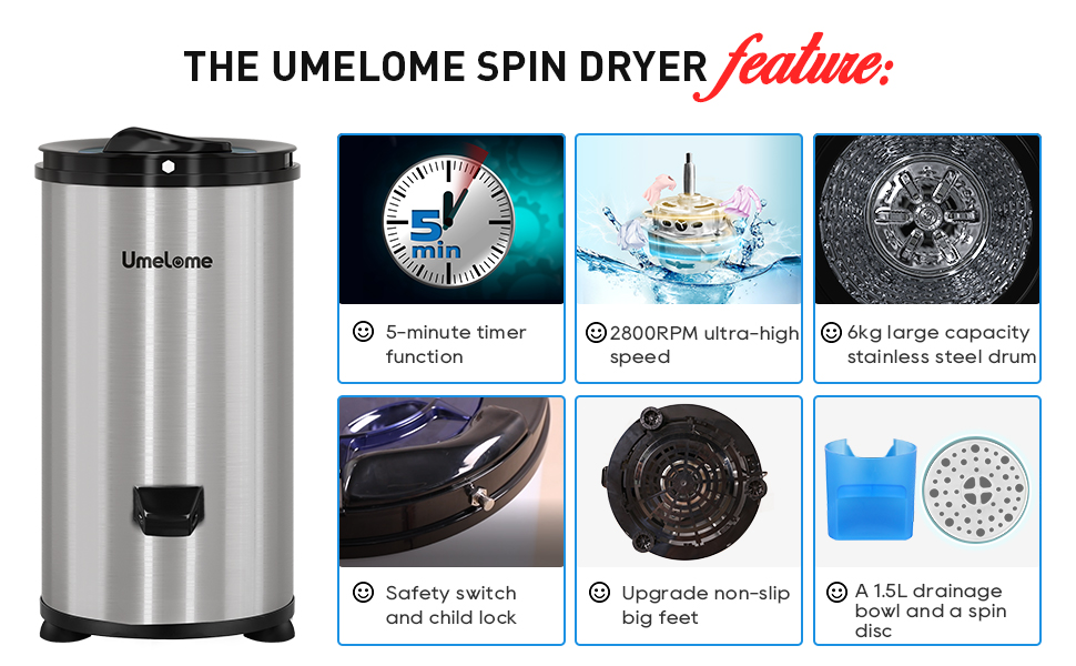 Umelome 6kg Stainless Steel Spin Dryer, Energy&Power Saving Spinner