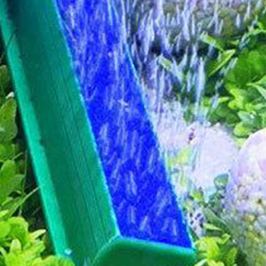 Nahaufnahme einer grünen Rahmenecke mit blauem Wasserspiel und Blattwerk im Hintergrund, möglicherweise eine Garten- oder Aquariumumgebung.
