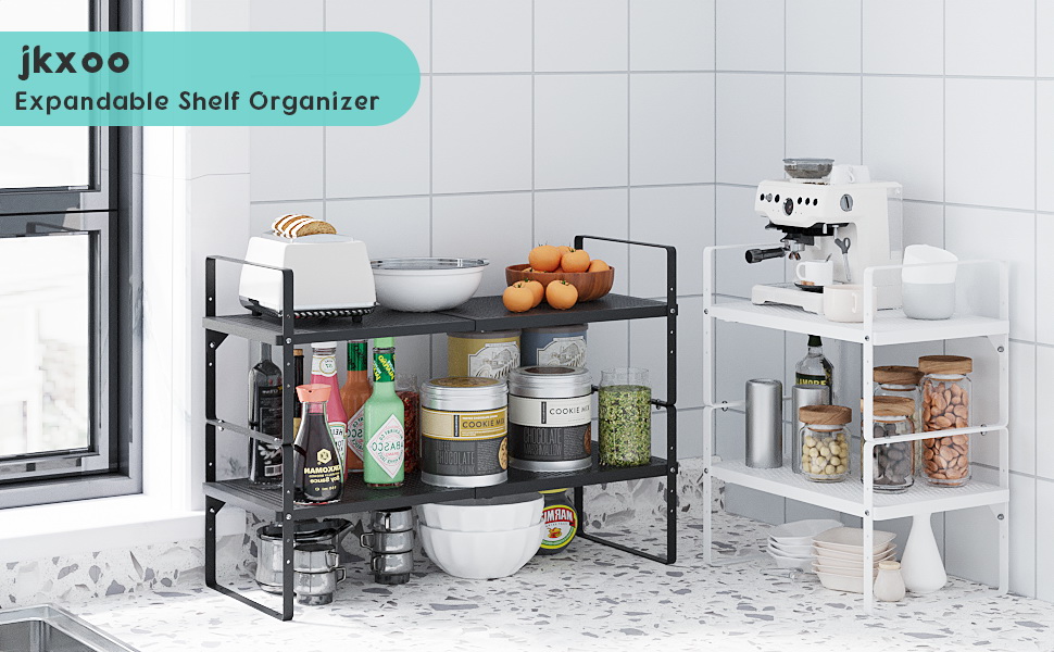 jkxoo Expandable Shelf Organizers, Stackable Metal