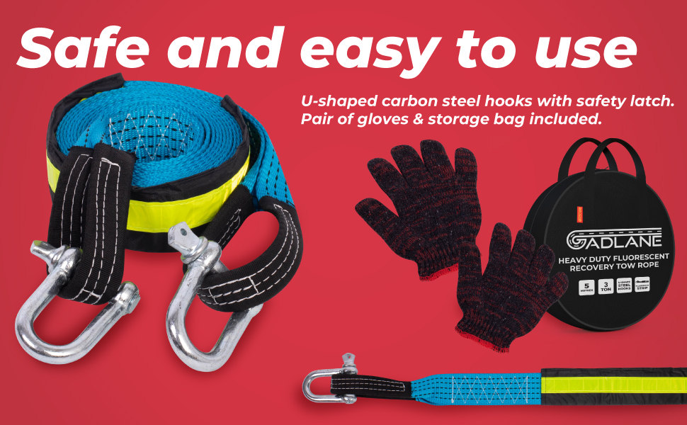 GADLANE Heavy Duty Tow Rope 5m Tow Strap With Reflective Strips Road Breakdown Recovery Straps