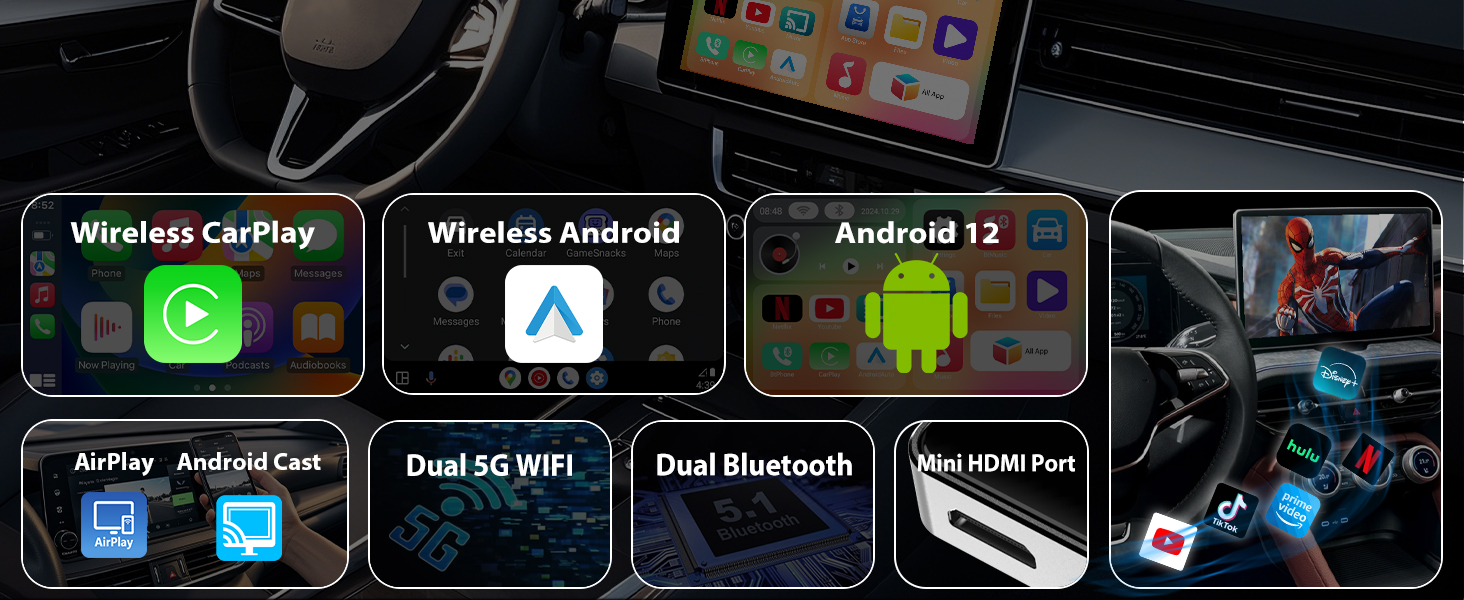 Wireless CarPlay Wireless Android AirPlay Android Cast Dual 5G WIFI Bluetooth HDMI