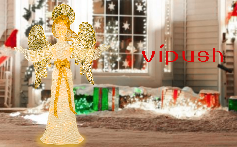 Vipush Lighted Outdoor Christmas Angel Decoration, PreLit Winged Holiday Figure for