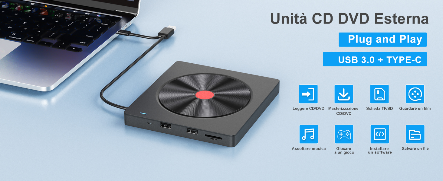 Lettore Masterizzatore CD/DVD Esterno 7-in-1 USB 3.0 E Tipo-C - Con Porte SD/TF