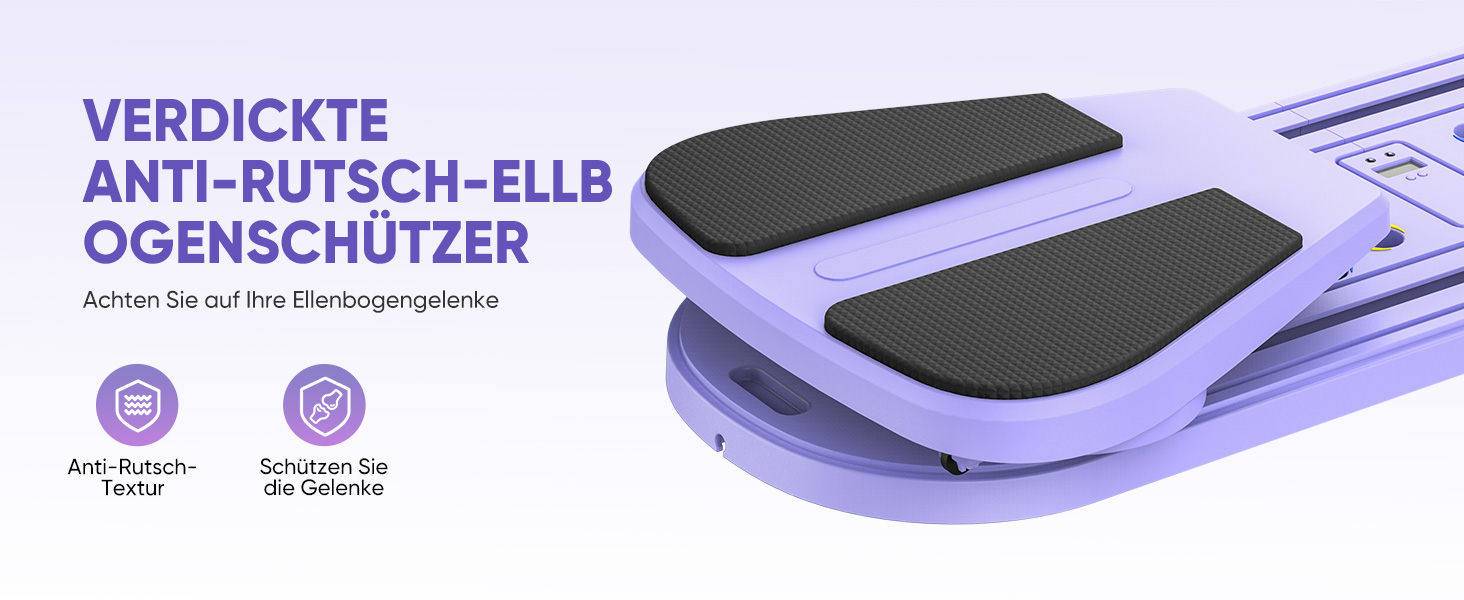 Der Text lautet „VERDICKTE ANTI-RUTSCH-ELLBOGENSCHÜTZER“. Das lila getönte Produktbild zeigt dick gepolsterte Ellbogenprotektoren mit rutschfester Oberfläche.