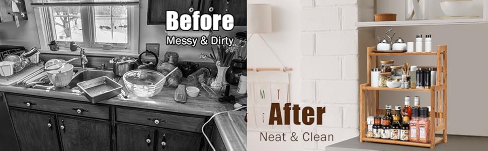 RELAX4LIFE Portaspezie Da Tavolo Con 3 Ripiani In Bambù, Scaffale Salvaspazio Per Spezie Da Cucina, Organizer E Contenitore Con Grande Capacità E Altezza Regolabile, 41 X 18 X 50 Cm, Legno Naturale 13 1