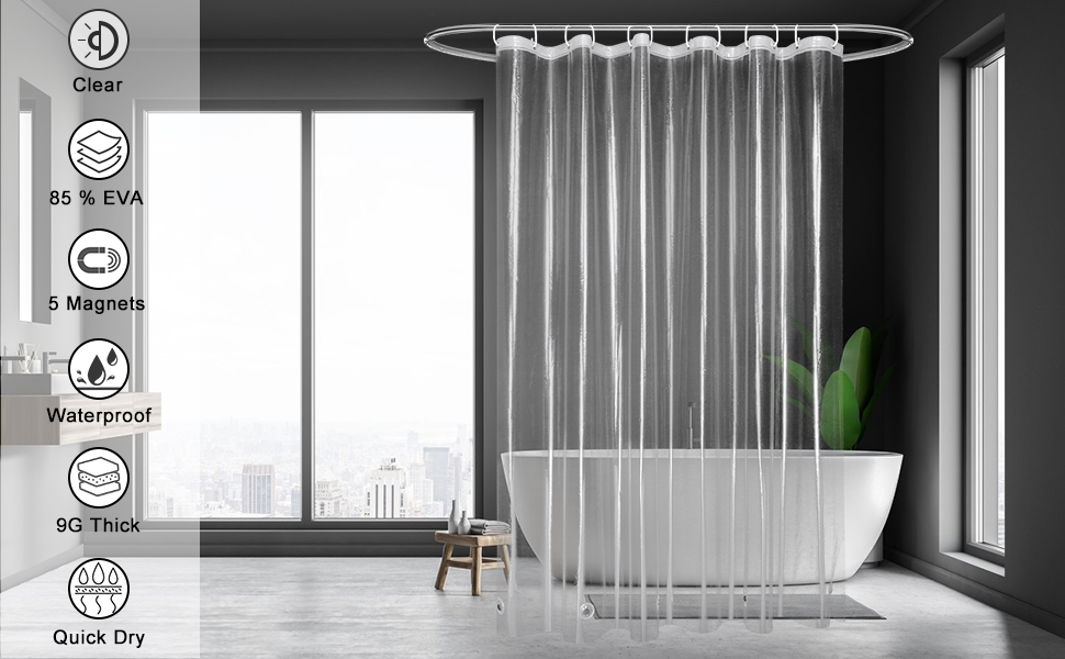UFRIDAY 9G Clear Shower Curtain Liner with 72 X 72 Inches