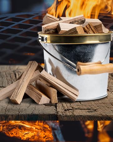 firewood fire wood burn flame spark oakwood oak kiln camp cook grill bucket tin can steel pale brick