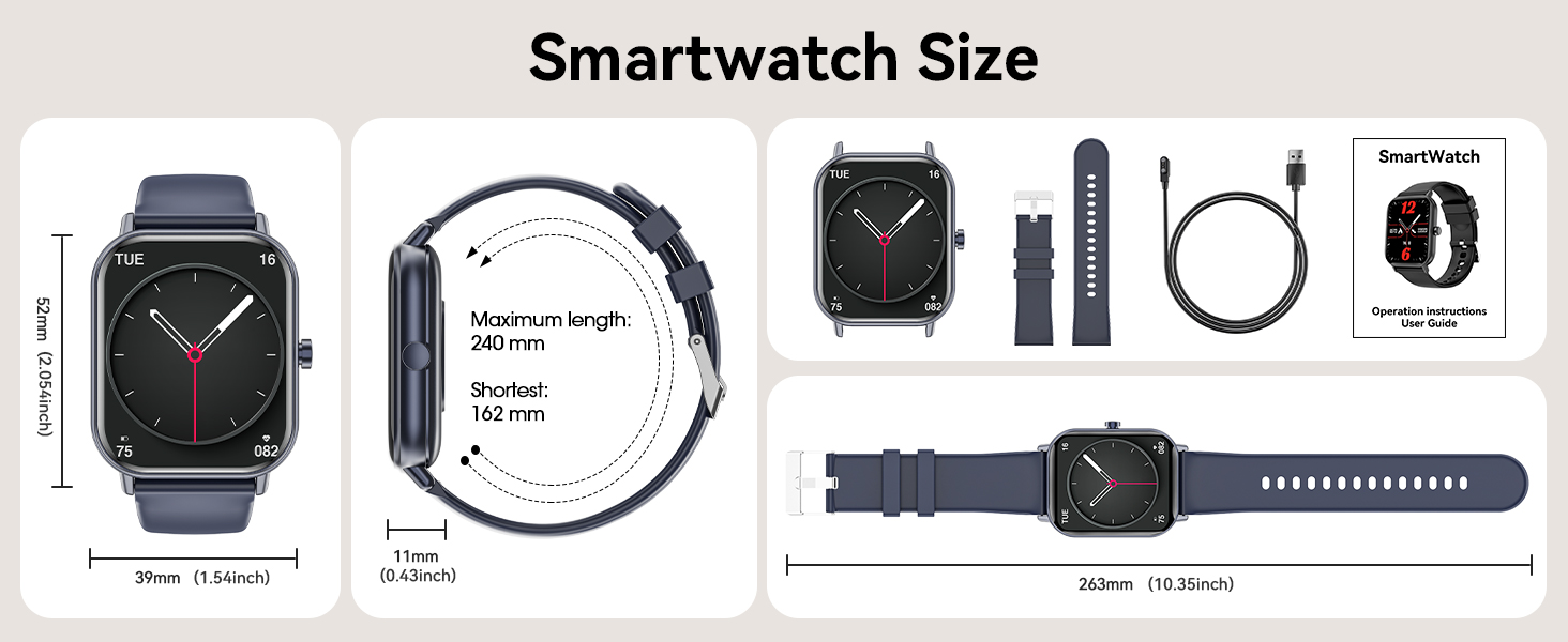 Smartwatch size comparison chart showing dimensions, strap length, and accessories. Features square watch face with dark strap, charging cable, and product box. Measurements in millimeters provided for various components.