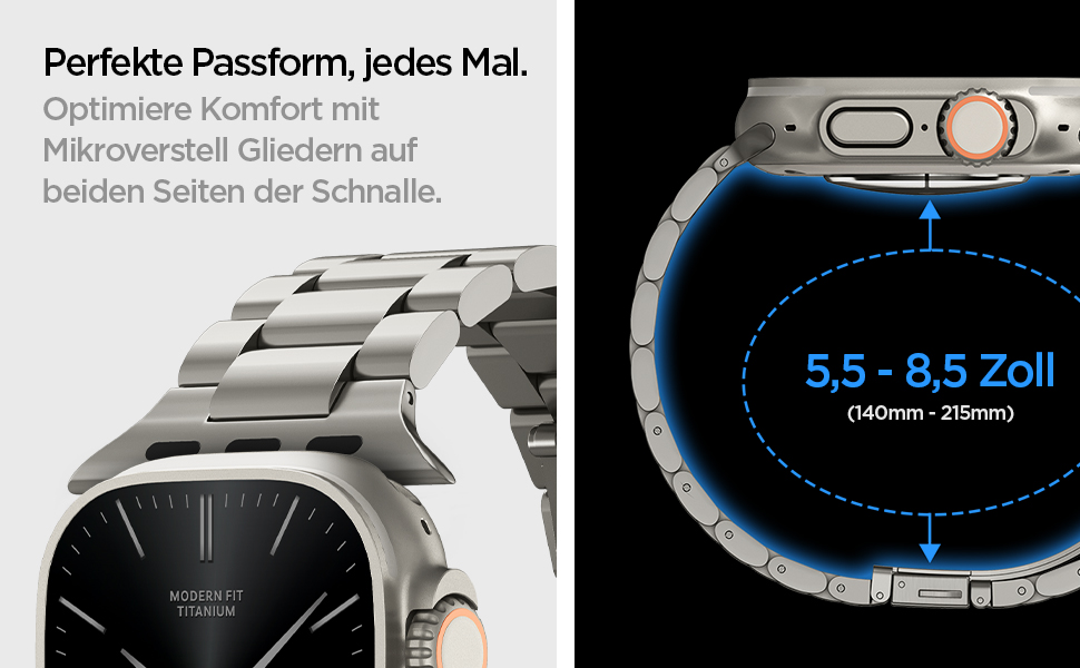 Smartwatch mit quadratischem Gesicht und Metallband. Die Seitenansicht zeigt einen Größenbereich von 5,5 bis 8,5 Zoll (140 mm bis 215 mm). Der Text erwähnt mikroverstellbare Glieder