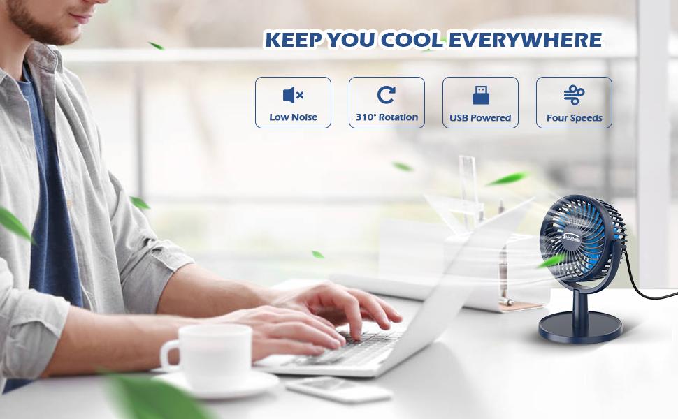 Quietest Desk USB Fan with 4 Settings, Small but Mighty, Portable Mini