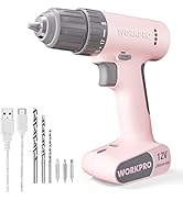 WORKPRO 12V Cordless Pink Drill Set, Electric Drill Kit with 3/8-Inch Keyless Chuck, 6 Pcs Bits, ...