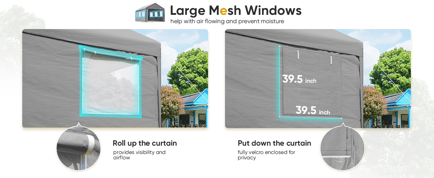 garage tent with large mesh windows to help with airflow and preventing moisture