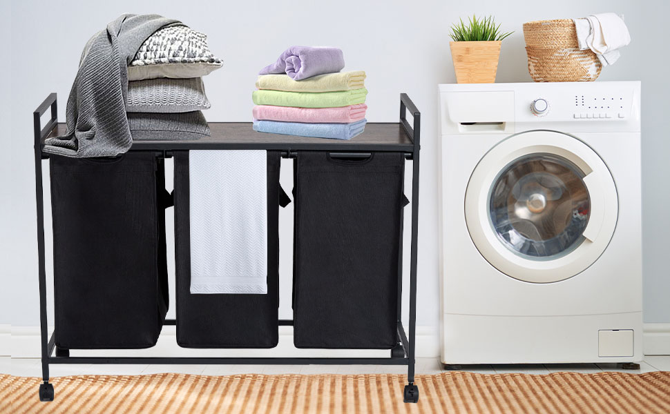 Laundry Hamper with Wheels,Laundry Basket, 3 × 12.4 Gal (47L) Pullout