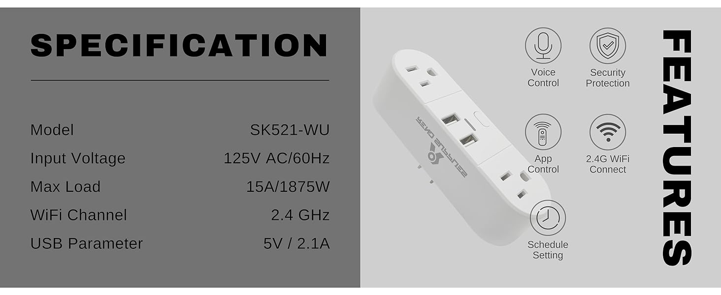 Reno Supplies Smart WiFi Outlet with 2 USB Ports,15A 1875W, Works with