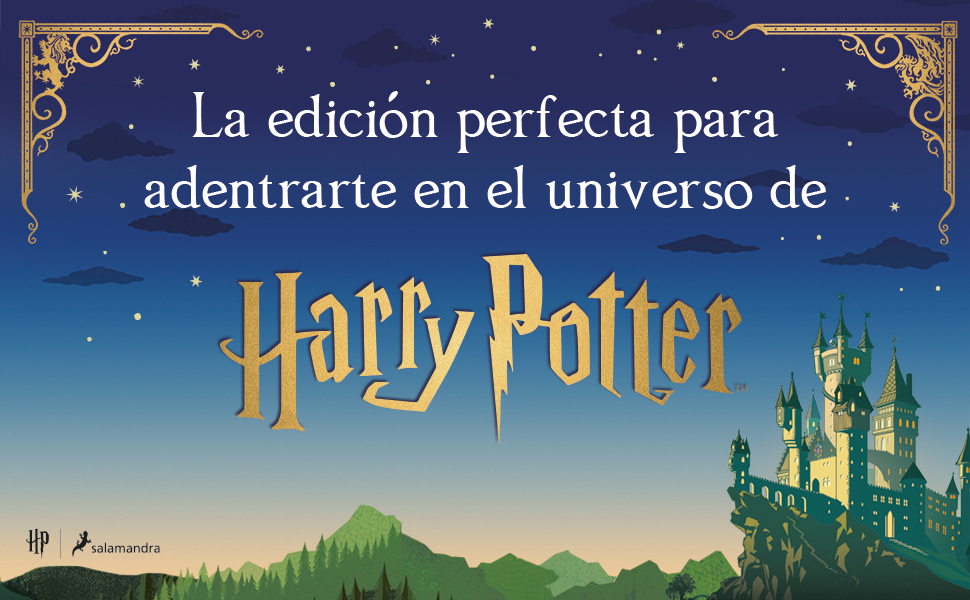 El texto dice «La edición perfecta para adentrarte en el universo de Harry Potter». Banner promocional azul oscuro con texto dorado y silueta de castillo contra el cielo nocturno.