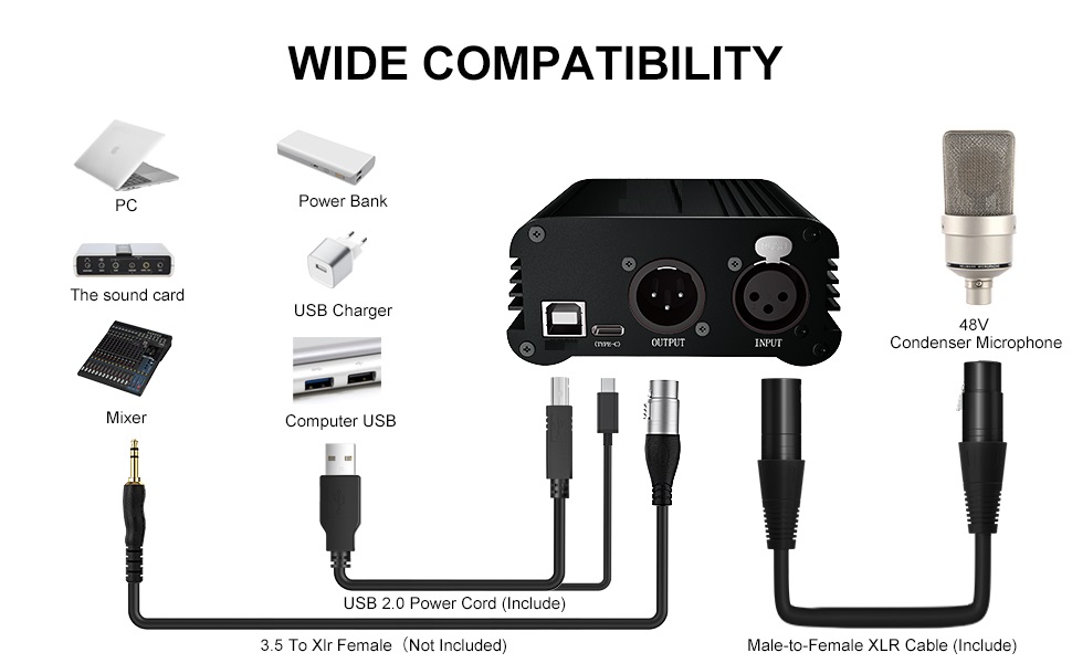 TECHBLAZE 48V Audio Interface Phantom Power Supply, BONUS+XLR 3 Pin