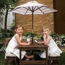 Outdoor Table & Bench Set with Cushions & Umbrella